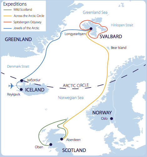 Map of Aurora's European Acrtic voyages
